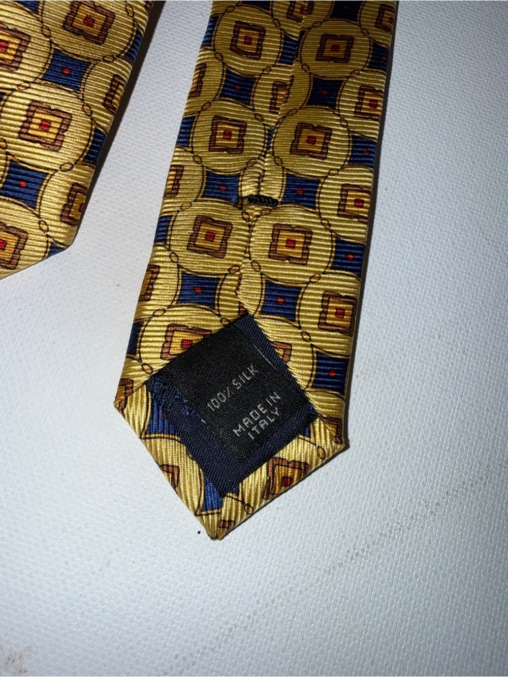 Jos. A. Bank Yellow Geometric Silk Tie with Blue and Brown Accents